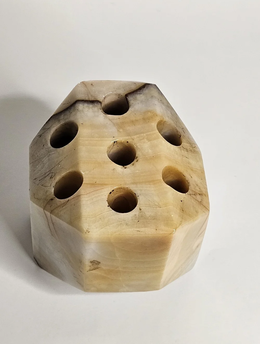 Vtg Hand Carved Banded Onyx Stone Desktop Pen Pencil Holder MCM Art Paperweight